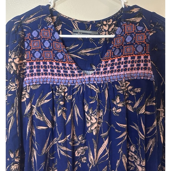 By Anthropologie Women's Indigo Floral Embroidered Peasant Top Size XS - Picture 5 of 9
